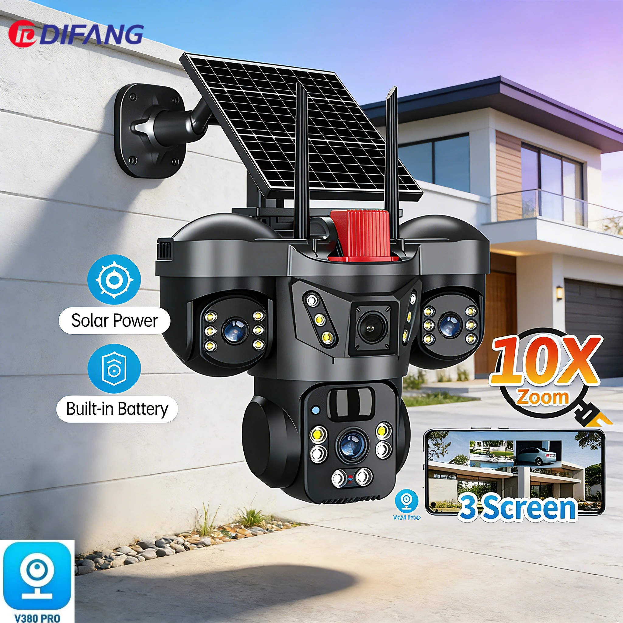 2.4G WiFi Solar Security Camera Three Screen PTZ Pan Tilt 8000mAh Battery  Wireless Solar Surveillance Security Protection