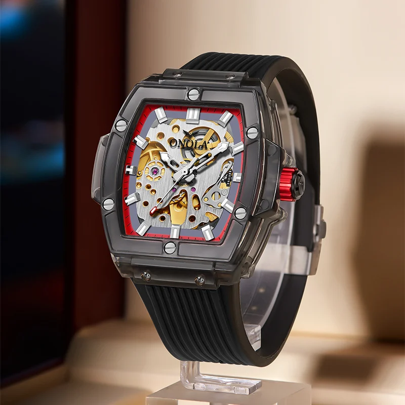 2024 New Automatic Watch Men Trendy Novelty Acrylic Transparent Case Mechanical Watches Sport Silicone Strap Waterproof Clock