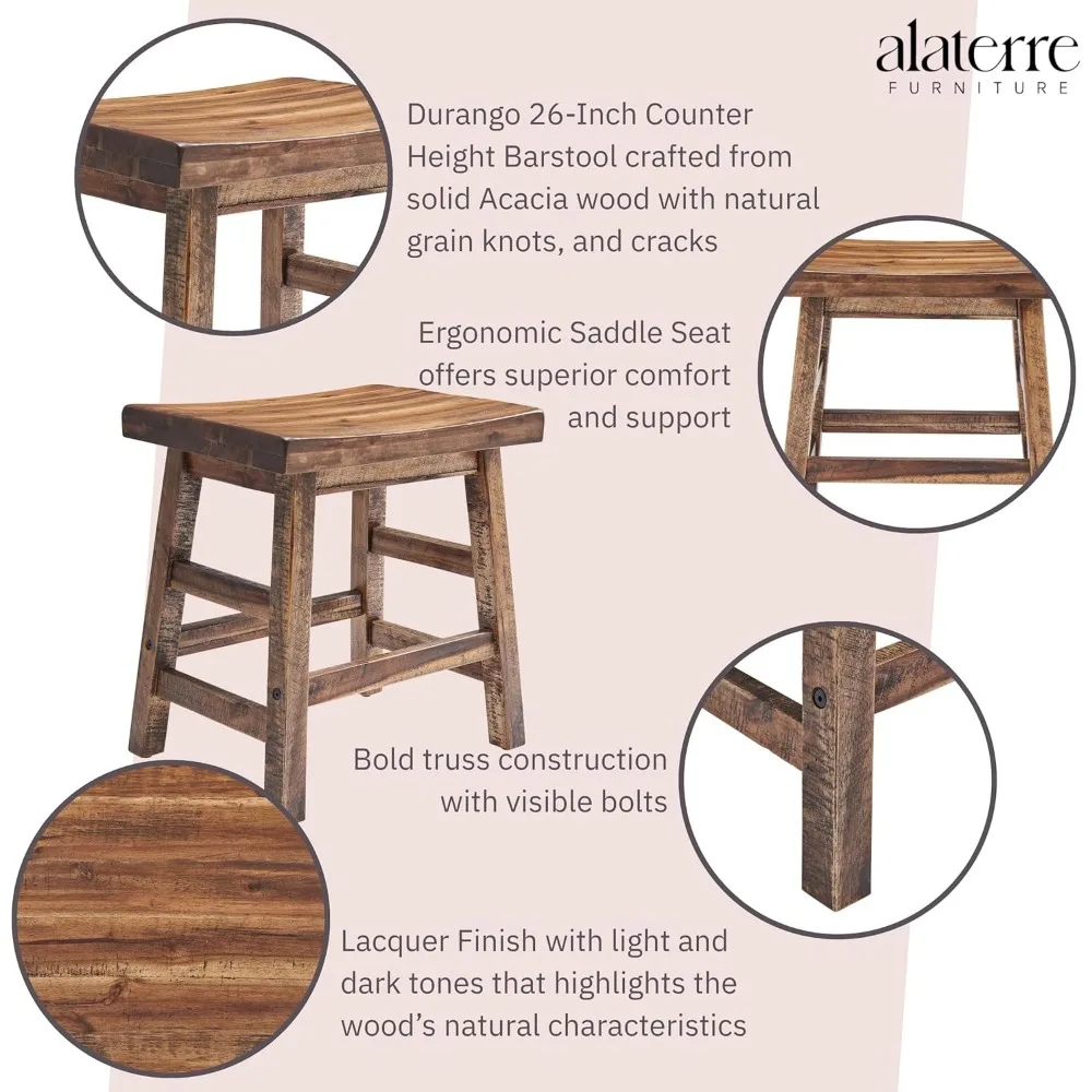 20-Inch Rustic Industrial Wood Dining Stool - Solid Acacia Wood, 300 lb Capacity, Farmhouse Style