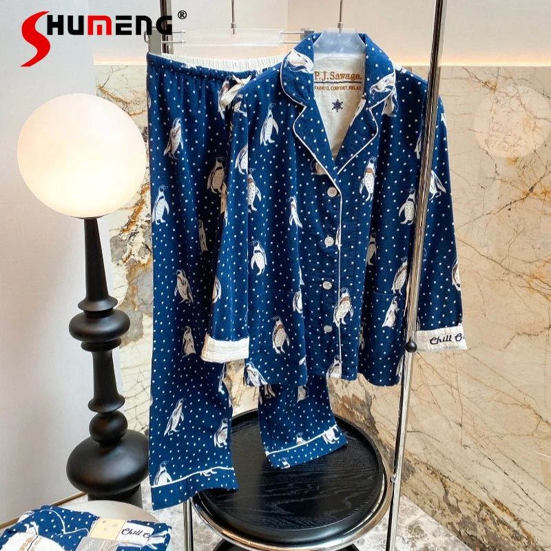 

Luxury Autumn Winter Pure Cotton Sleep Set Female Warm Home Cardigan Pajamas Women's Japanese Style Long Sleeve Lounge Suits