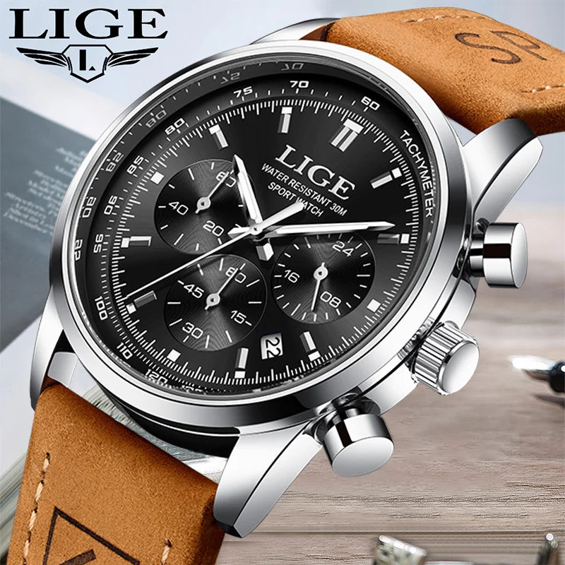 LIGE Luxury Mens Watch Leather Strap Business Sports Date Man Watch Waterproof Luminous Quartz Watches for Men chronograph Clock