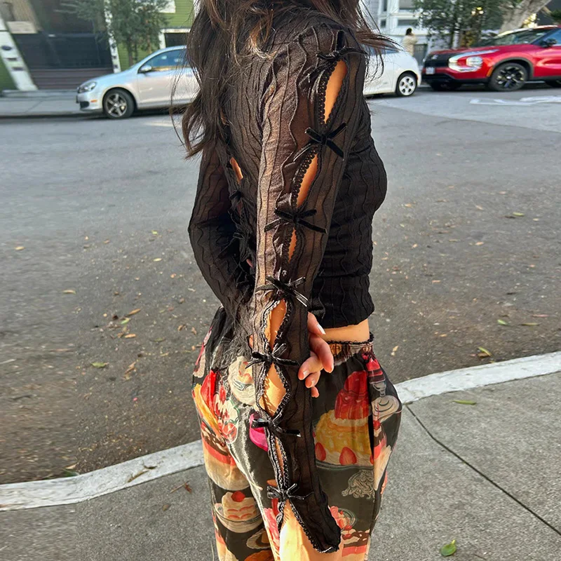 E-girl القوس تقليم قطع المحاصيل القمم الكورية Kawaii سليم صالح تي شيرت Coquette شير انظر من خلال البلوزات تيز سايبر الجرونج الملابس #3