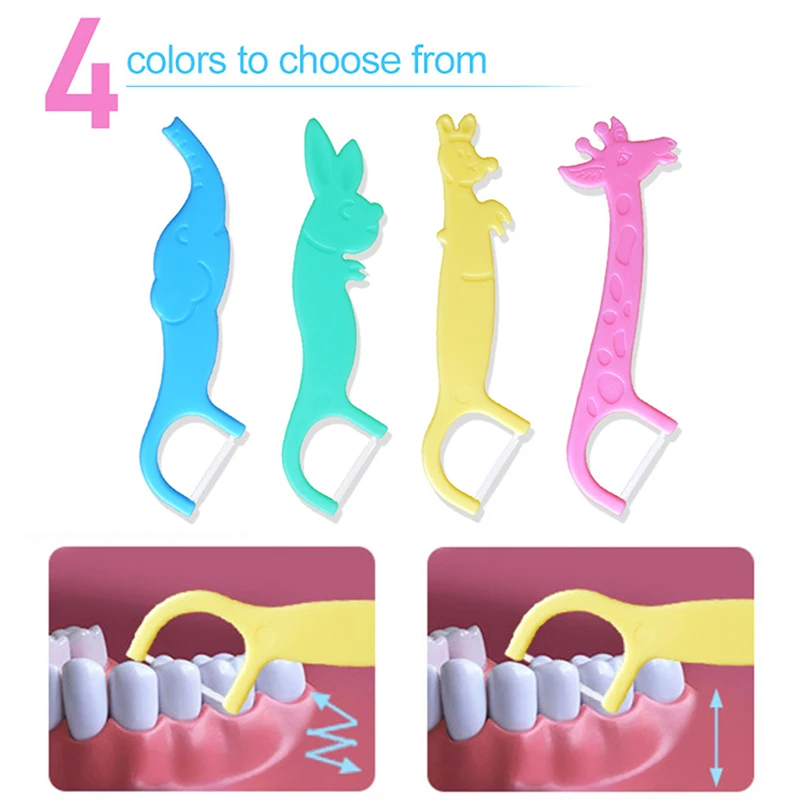 40Pcs Children's Dental Floss Four Cartoon Animal Shape Toothpicks Interdental Floss Clean Teeth Tool Super Thin Floss Stick