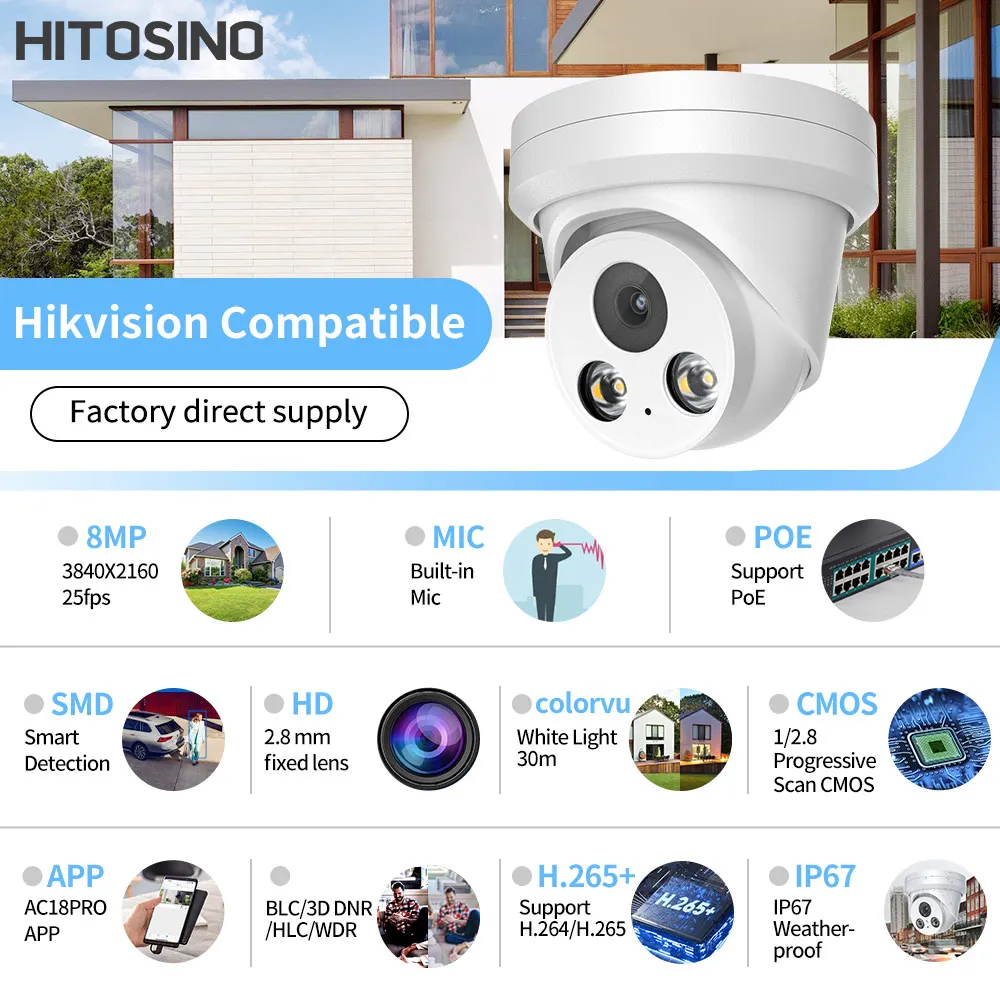 Hikvision Compatible 8MP 4K IP Camera PG2387C Built-in mic night ColorVu oudoor IP67 Home Security Business