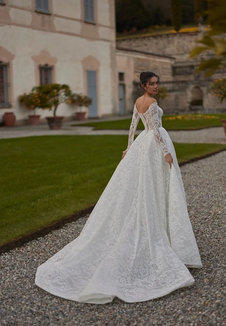 Luxury Wedding Dress Lace Vestido De Novia Boda Civil Sencillo Y Elegante Blanco Princesa Manga Larga A Line Basque Waist Bride