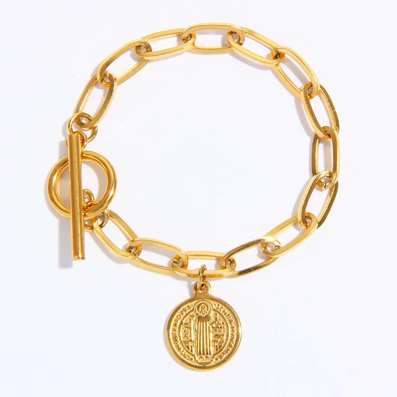 Stainless Steel San Benito Bracelet For Women Gold/Silver Color Metal St Benedict Charm Bracelet Toggle Clasp Bracelet