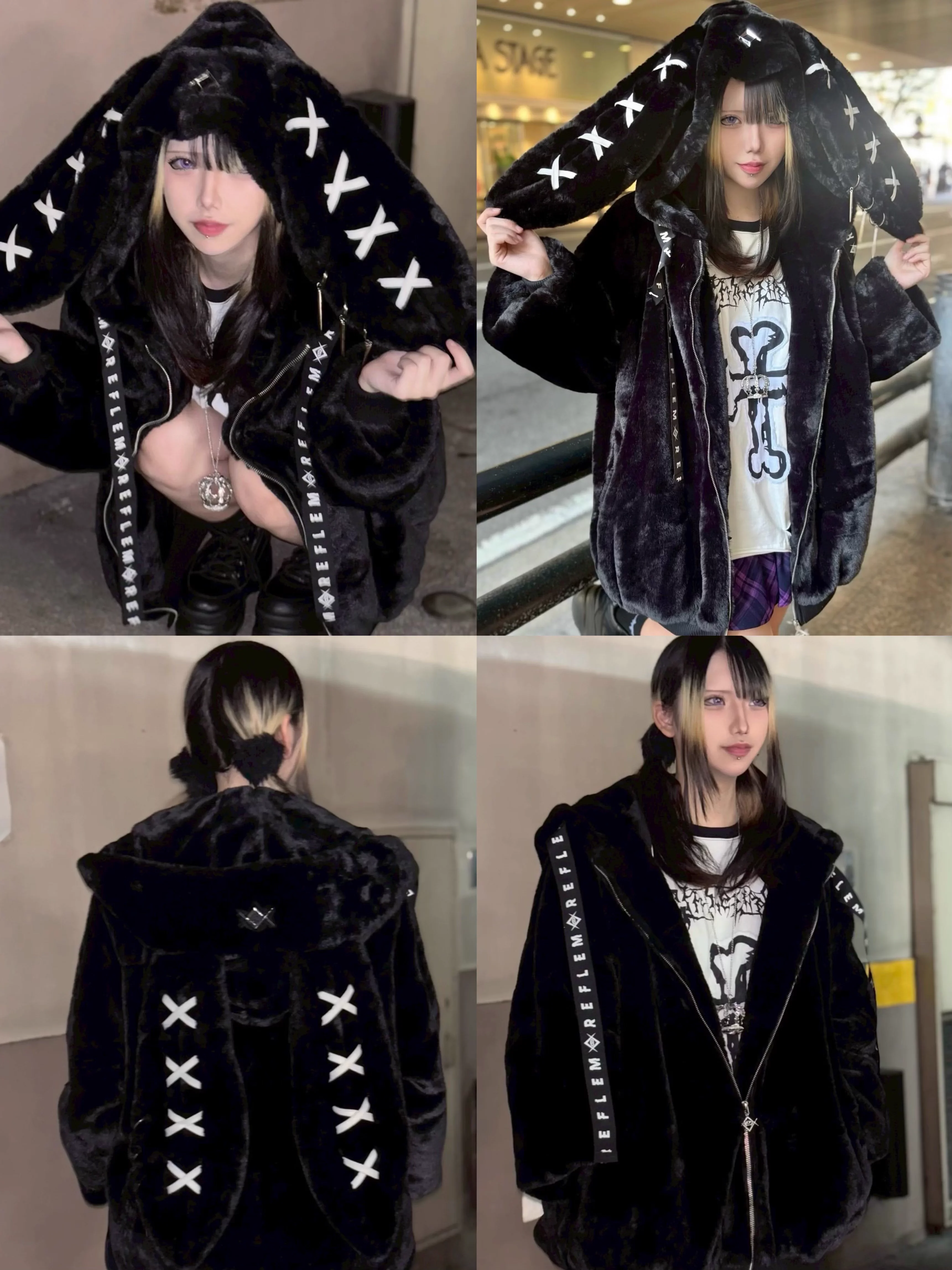 

Japanese Subculture Dark Goth Y2k Loose Hooded Jackets 2026 Spring Warm Plush Cute Cartoon Versatile Zipper White Fur Coat Women