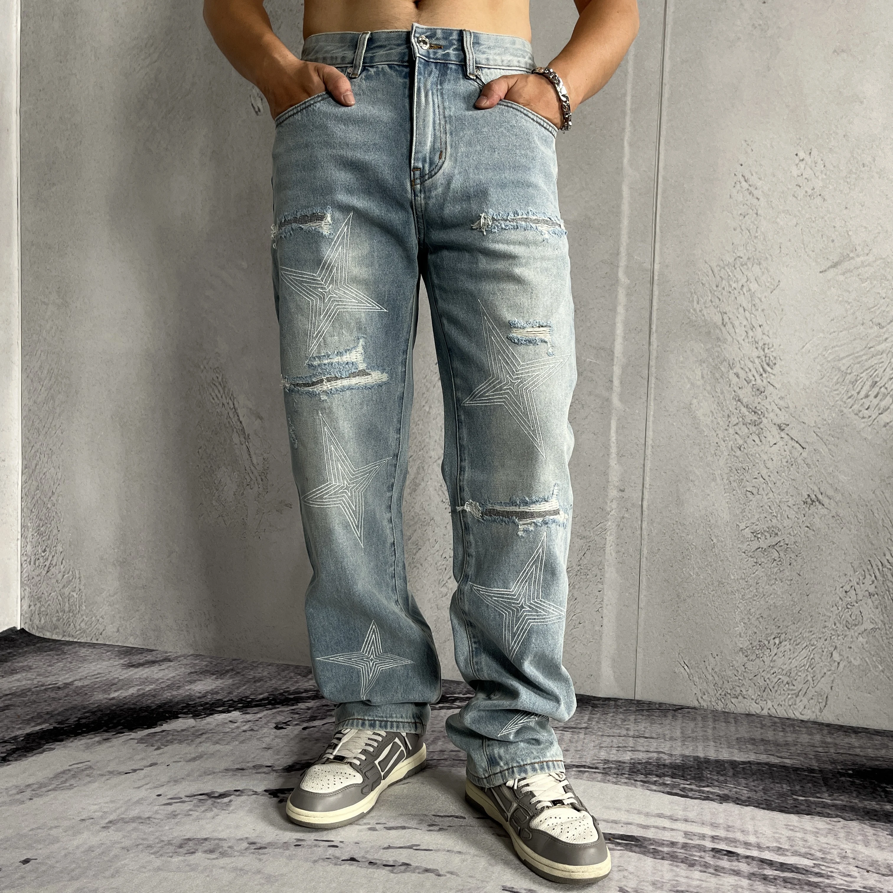 

WK15 BLCG High Waist Super Quality Loose Fitting Denim Pants Heavy Thick Unisex Fashion Art Stylish Hand Painting Jeans