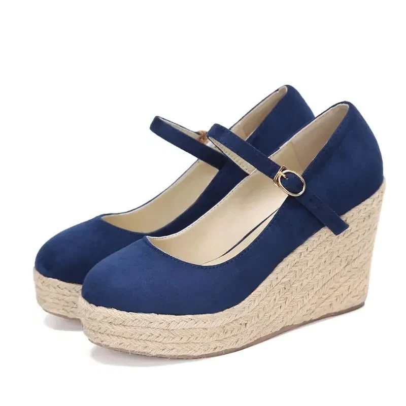 Size 31-43 Summer New Women's Shoes Straw Wedge High Heel Blue Black Round Toe Platform