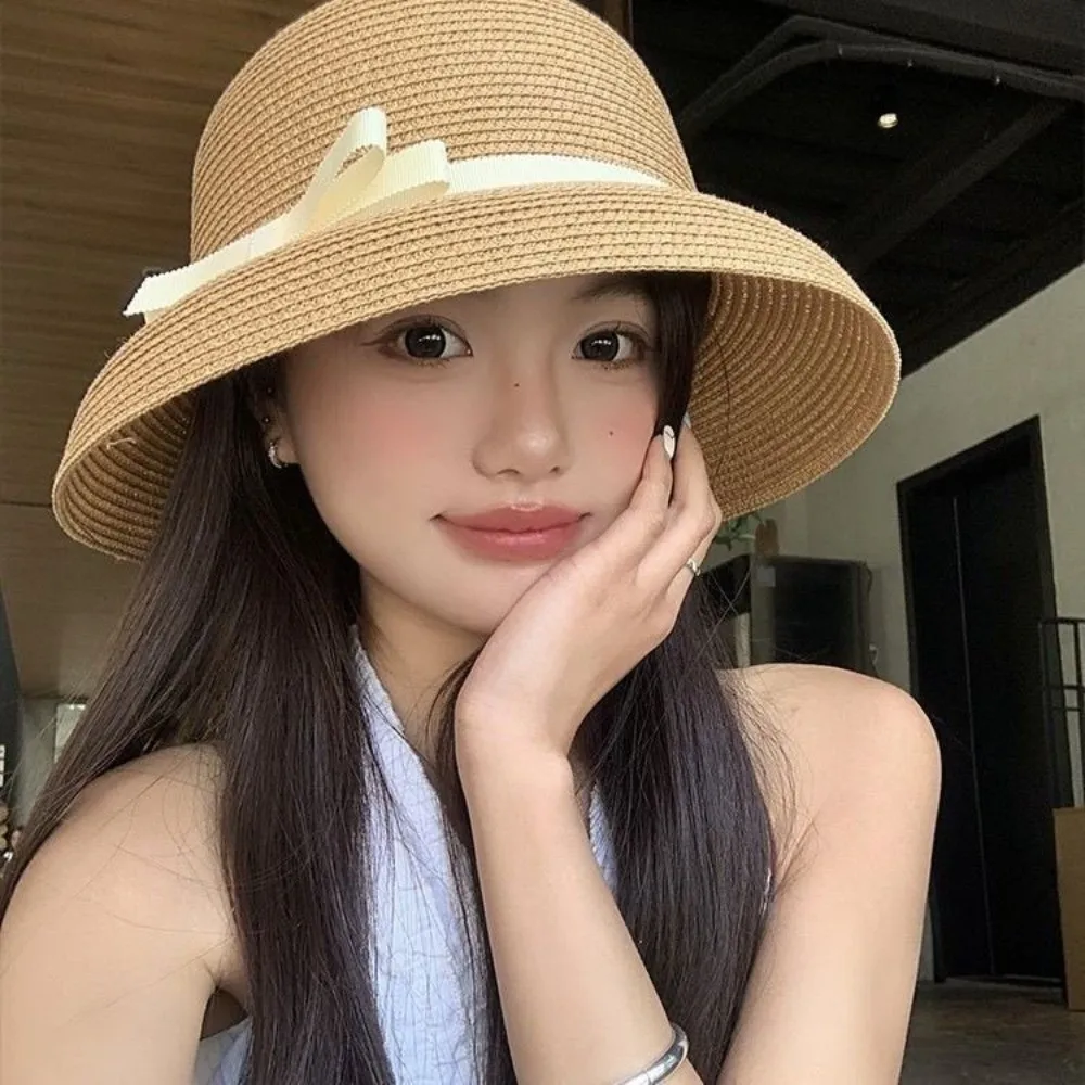 UV Protection Straw Hat for Women Windproof Bow Ribbon Decor Summer Sun Hats Versatile Breathable Beach Hats Photography Props