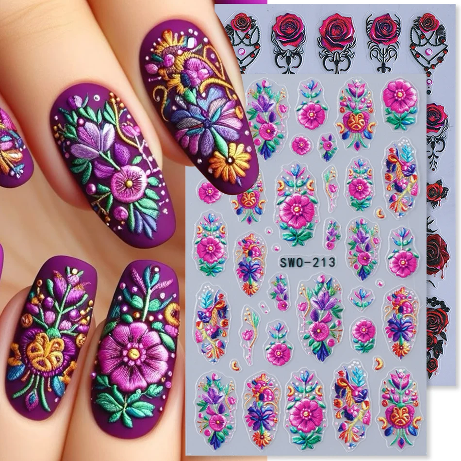 2pcs Embossed Nail Stickers Colorful Embroidery Floral Nail Decals Vintage Rose Flower for Manicure DIY Nail Decoration Supplies