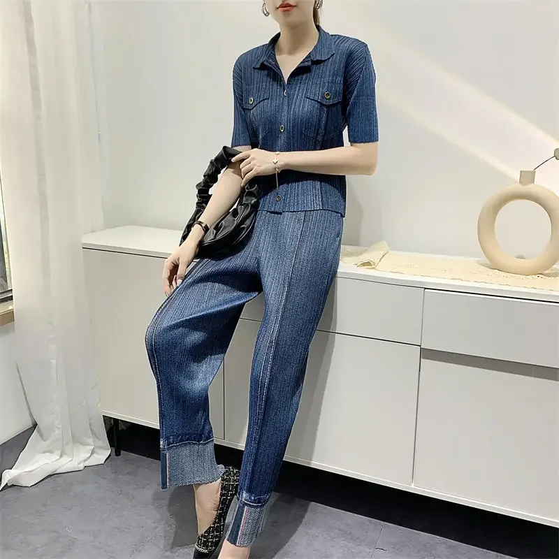 Miyake Pleated Denim Suit 2022 Spring Summer New Short Sleeves Short Coat High Waist Casual Pants Fashion Two-Piece Suit Women