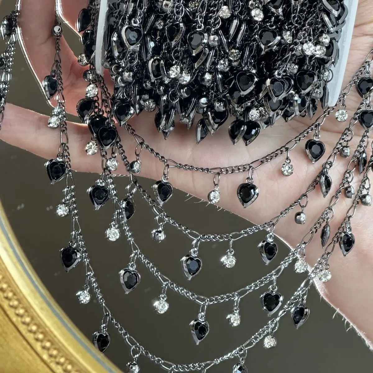 Dark Style Spade and Black Heart Rhinestone Chain for Ita Bag Toy Costume Trim DIY Craft Supplies
