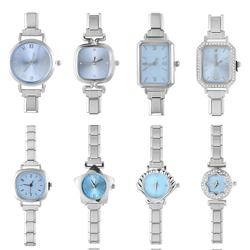 New Blue Dial Women's Stainless Steel Roman Numerals Watch Y2K Bracelet DIY 9mm Fit Charm For Party Friend Wife Birthday Jewelry