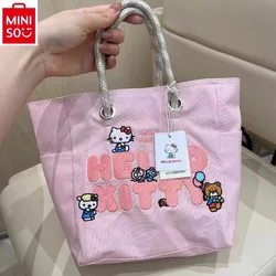 MINISO 2024 Fashion New High Quality Embroidered Hello Kitty Cartoon Handbag for Women, Sweet and Versatile Storage Bag