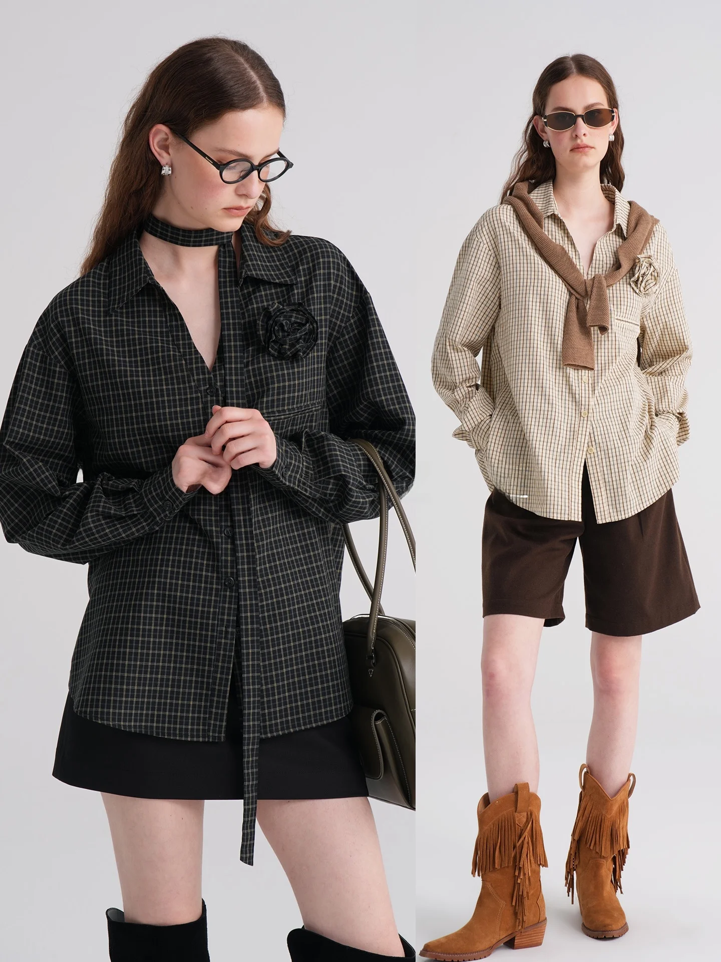 

Haze Early Autumn Plaid Belted irt 3D Flower Vintage Long Sve Women's Top Floral Patterned Busin Casual Faion