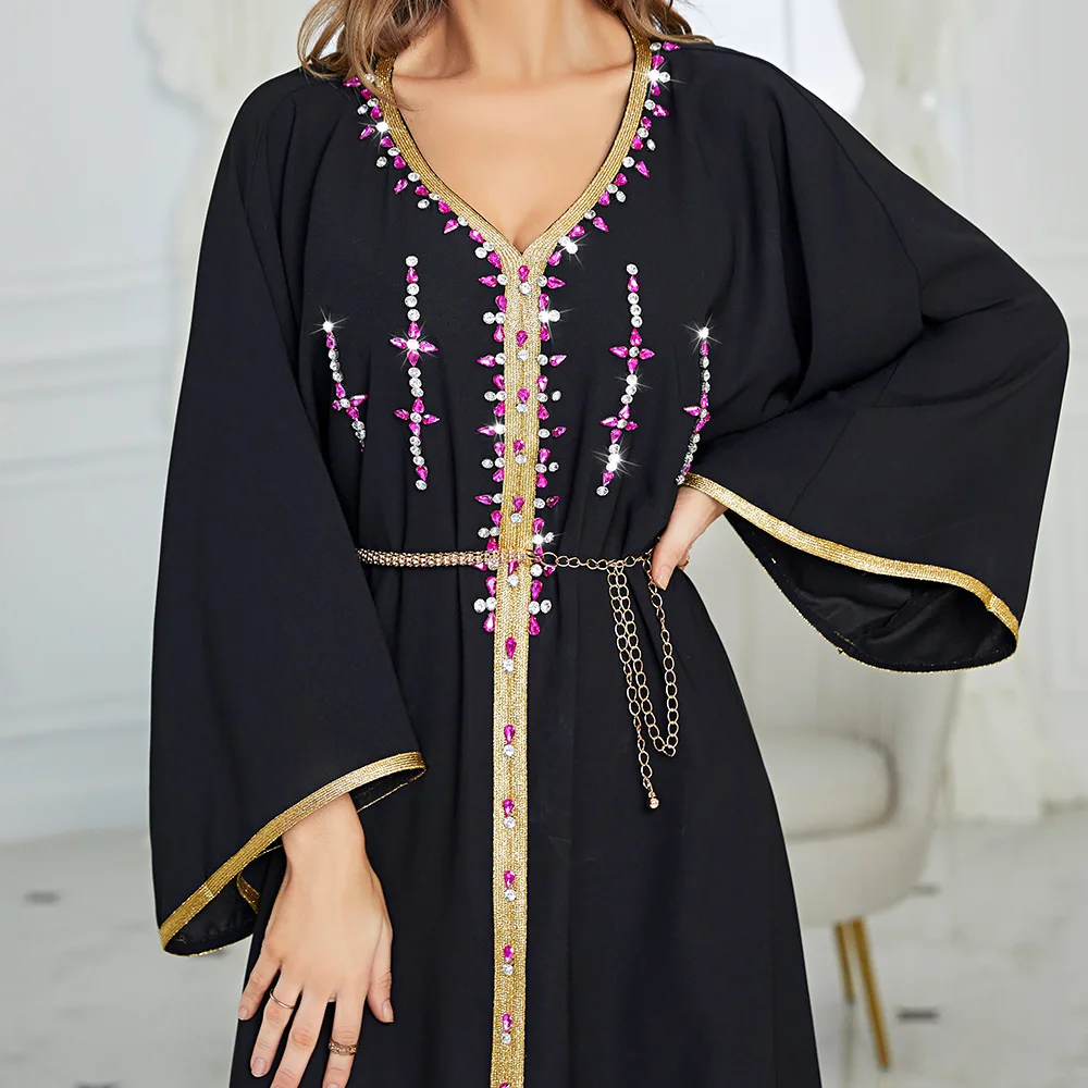 

Morocco Diamonds Abaya Muslim Women Maxi Dress Eid Ramadan Islamic Jalabiya Evening Party Gown Kaftan Dubai Turkey Robe Abayas