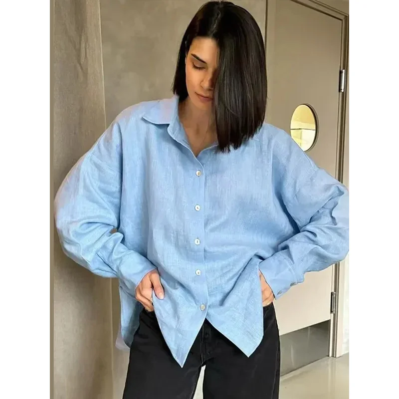 قميص بوني كبير الحجم من الكتان بأكمام طويلة وطية صدر السترة من القطن الوردي كاجوال
