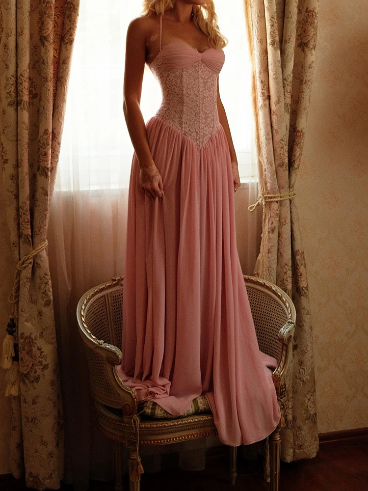 Vintage Süßes Rosa Blumen-Spitzenkorsett Bodenlange Kleider für Damen mit Spaghetti-Trägern und Plissee, Schickes Sommer-Abendoutfit – Detail 13
