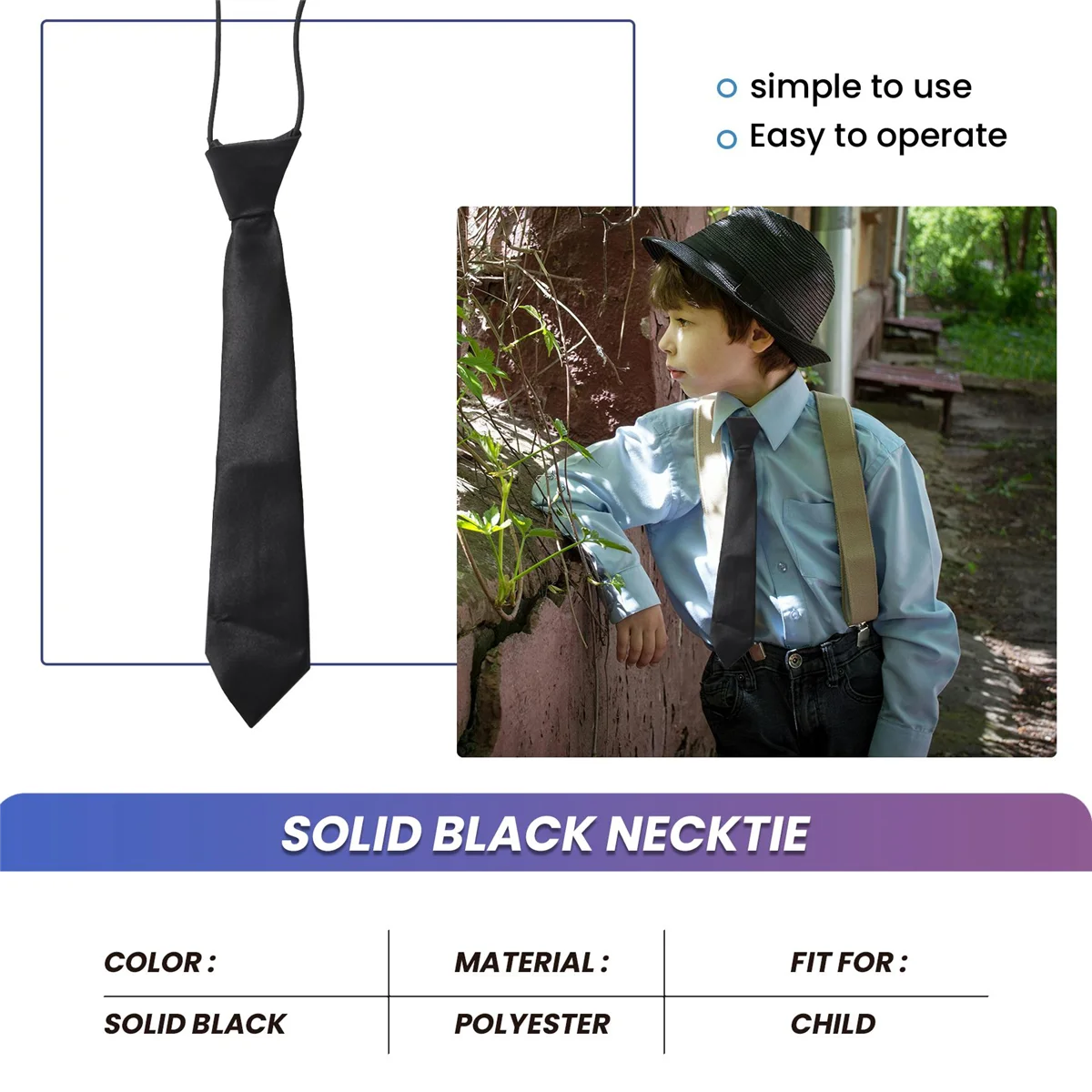 Corbata delgada elástica de poliéster para niño, corbata de cuello, color negro sólido