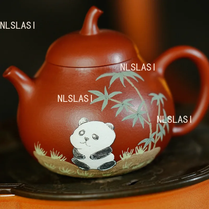 Yixing Eggplant and Melon Teapot Hand Drawn Panda Teapot Home Kung Fu Teapot Gift Panda Tea Set Chinese Style Cinnabar Teapots