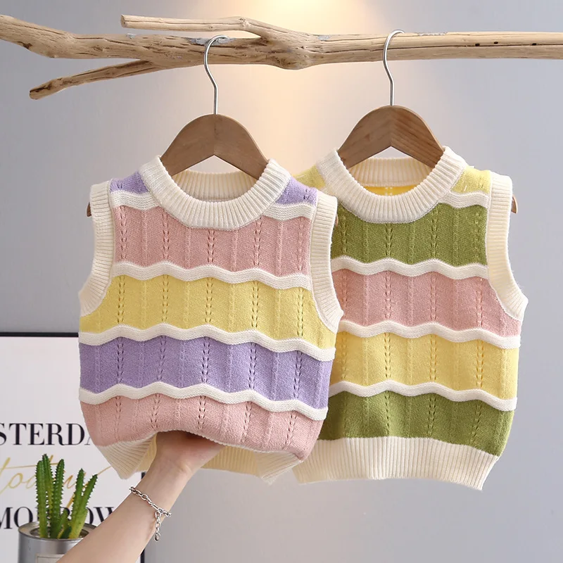 

Rainbow Stripe Baby Girl Knitted Vest Pullover Kids Waistcoat Fashion Casual Cable-knit Outwear Sleeveless Cardigan Tops IY05301