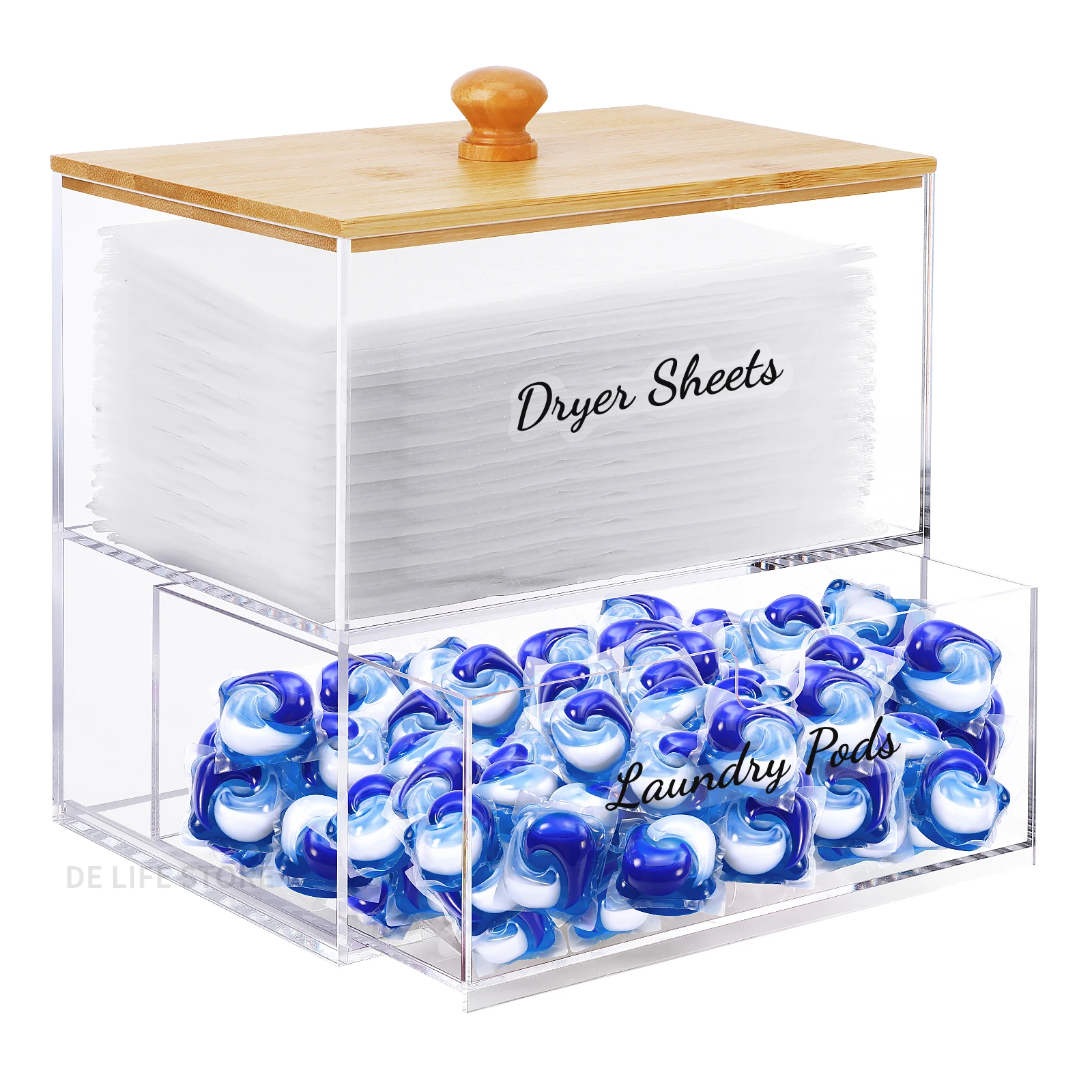 Double Layer Acrylic Storage Box with Bamboo Lid Dryer Sheet Holder Laundry Pod Container Laundry Room Organizer