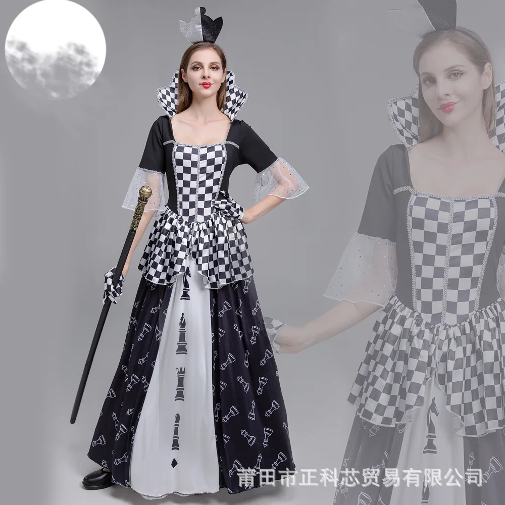 

Костюм для вечеринки на Хэллоуин, шахматная фигура, персонализированное клетчатое королева, черно-белое платье с цветными блоками, юбка