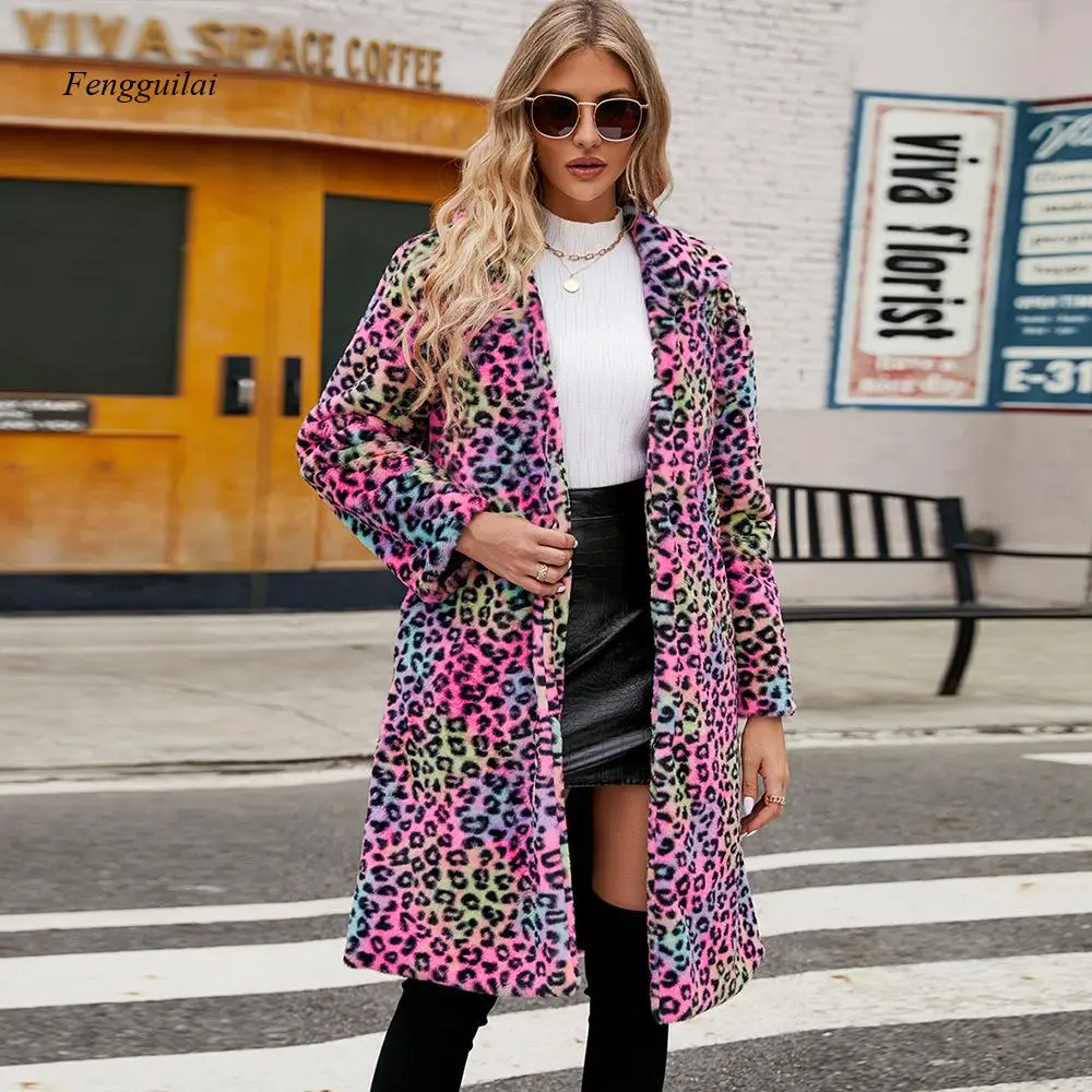 Fashion Women's Rainbow Leopard Print Faux Fur Long Coat Lapel Collar Open Front Winter Overcoat for Streetwear Party Night Out