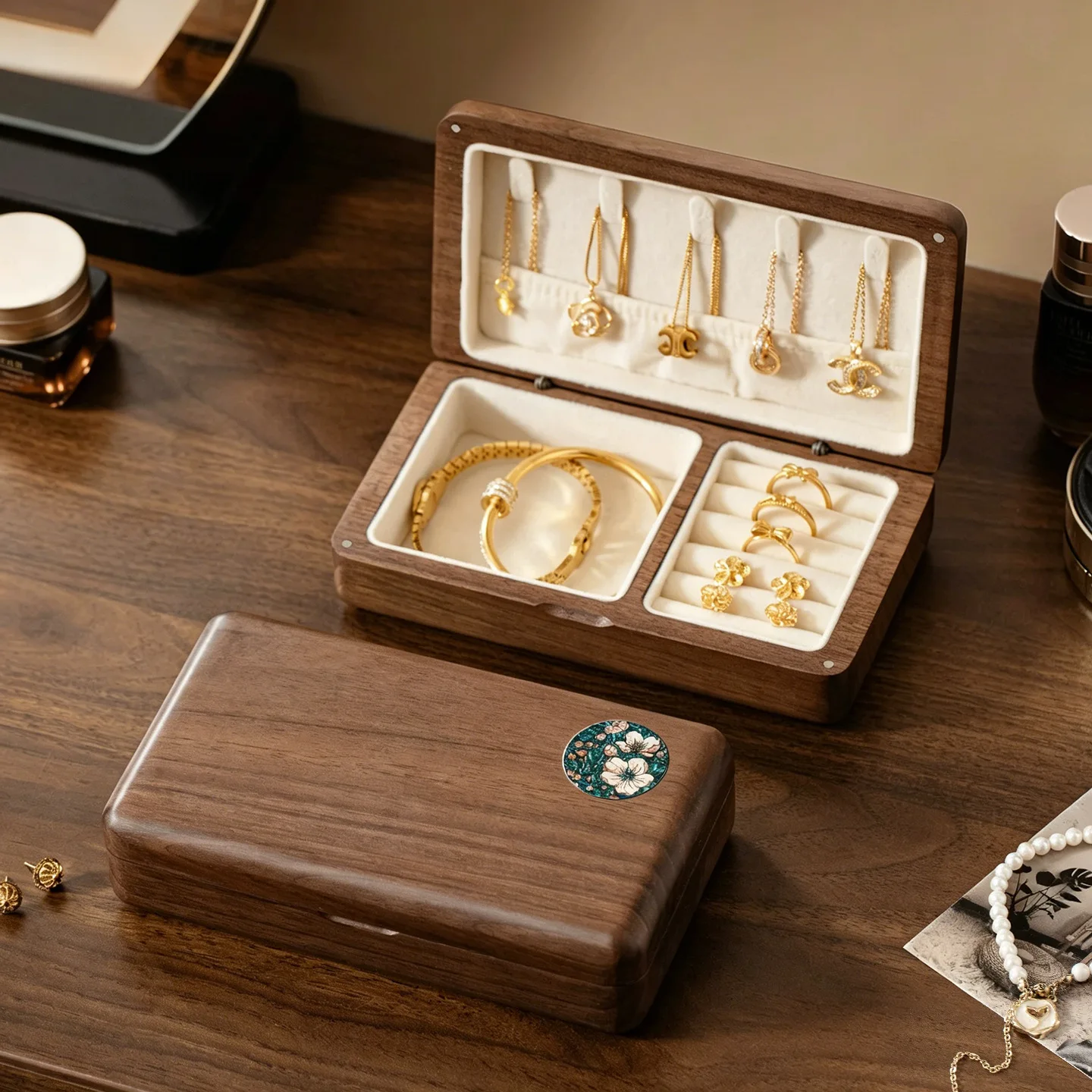 

HYS Walnut Solid Wood Jewelry Box High-end Portable Jewelry Box Wedding Gold Necklace Ring Storage Box
