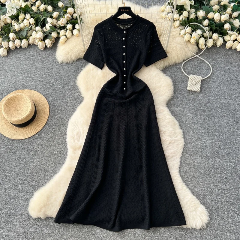 Elegante uitgeholde gebreide jurk zomerkleding dames 2026 korte mouw O-hals slanke lange jurken Franse stijl brei jurk