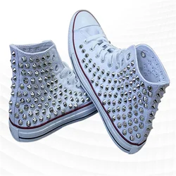 Original men's and women's large size studded canvas shoes Punk hip Hop sneakers hand custom white casual shoes 35-44