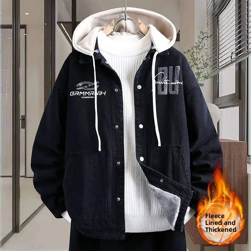 

Мужская зимняя джинсовая куртка свободного кроя с капюшоном, утепленная, из хлопка, для подростков и студентов, повседневная верхняя одежда