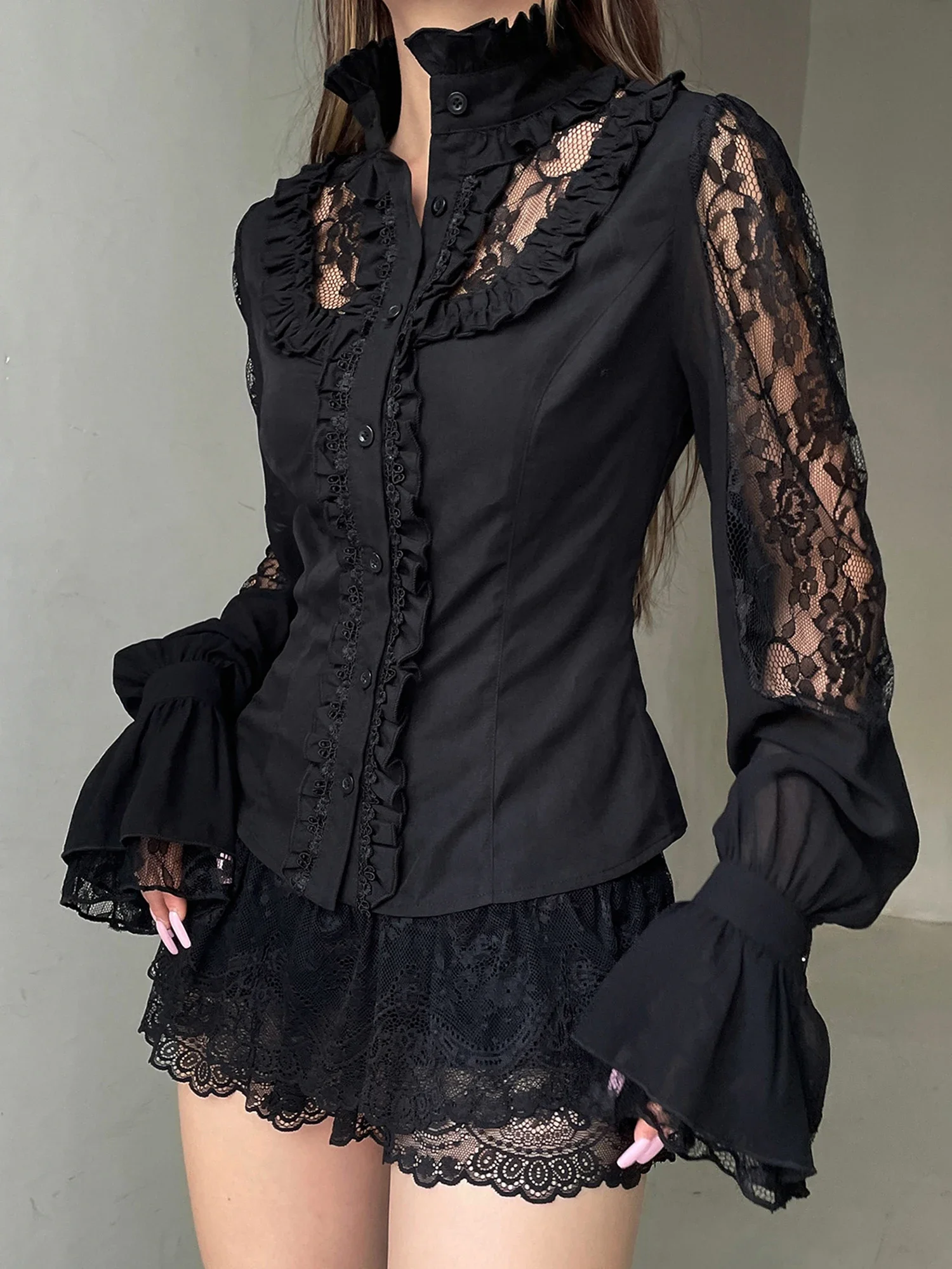 

Elegant Floral Embroidered Blouse Stylish V-Neck Long Sleeve Button Down Shirt Casual Fit Lace Patchwork Top for Women