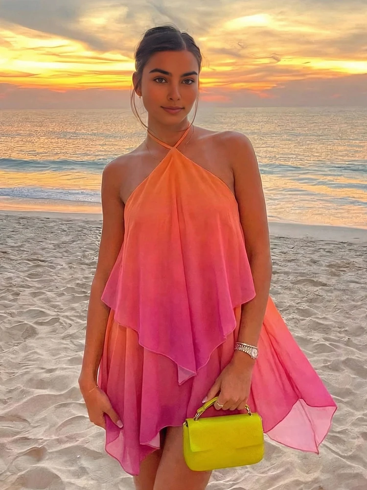 Kliou Gradient Design Mini Dress Woman Summer Trend Halter Off Shoulder Backless Vacation Beach Party Ruched Elegant Bodycon