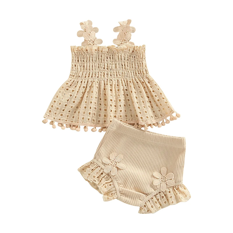 Baby Girls Summer Clothing Sets Flower Strap Sleeveless Hollow Out Tassel Ruffles Tops+Ribbed Knitted Shorts Casual Outfits