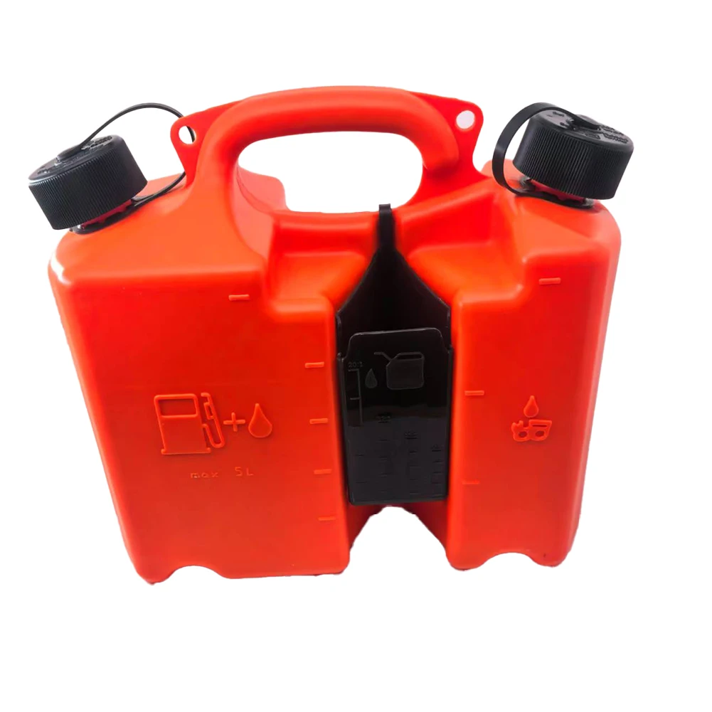 Efficient 5L Fuel And Chain Oil Combi Can With Safety Features And Integrated Tool Carriers For Chainsaw Users               New