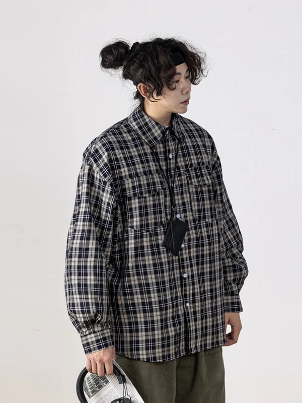 

Retro Cityboy Plaid Shirt Men's Casual Long Sleeve Spring Outerwear Loose Fit Breathable Checkered Top for Both Men And Women