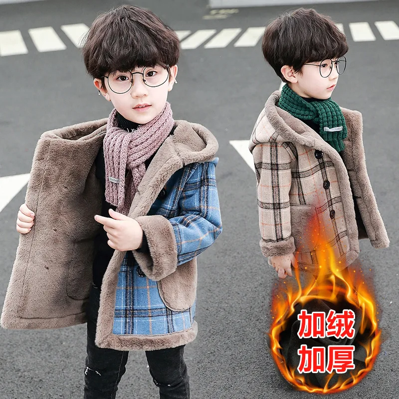 Korean Boy Winter Coat England Grid Hooded Children's Outerwear Kids Wool Coats 10 Years Old Jacket For Boy Thick Kids Cardigan