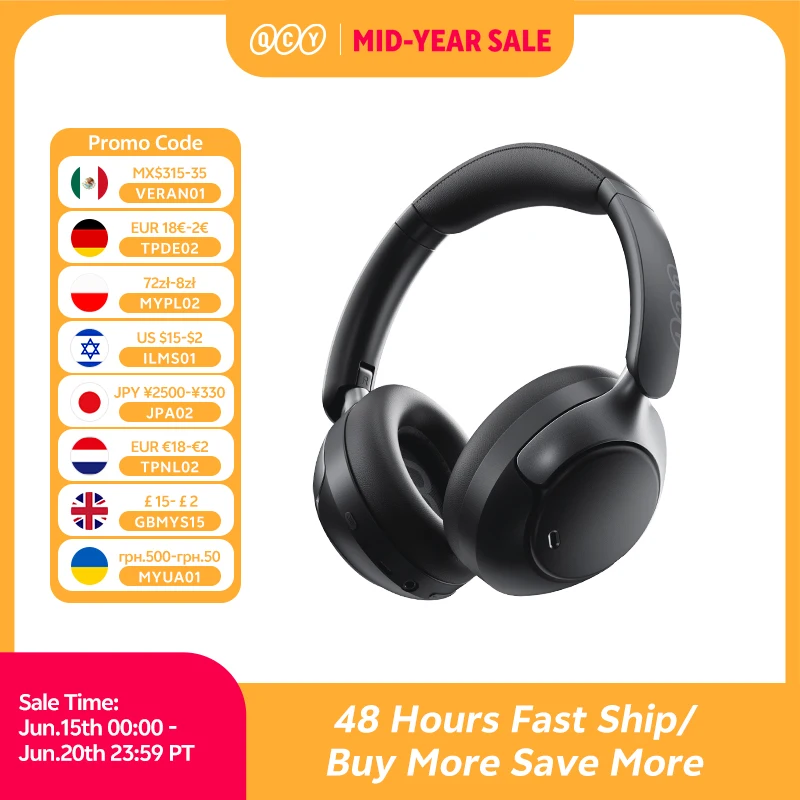 QCY H3 Pro ANC Bezprzewodowe słuchawki 50dB z redukcją szumów Hi-Res Spatial Audio z zestawem słuchawkowym LDAC Bluetooth 5.4 Over Ear Headset
