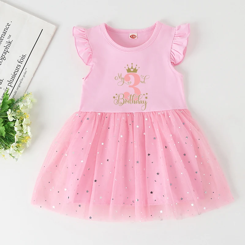 My 1st Birthday Little Girls Pink Dress Kid Princess Tutu Dresses Baby Birthday Party Outfits Toddler Short Sleeve Gold Dot Star