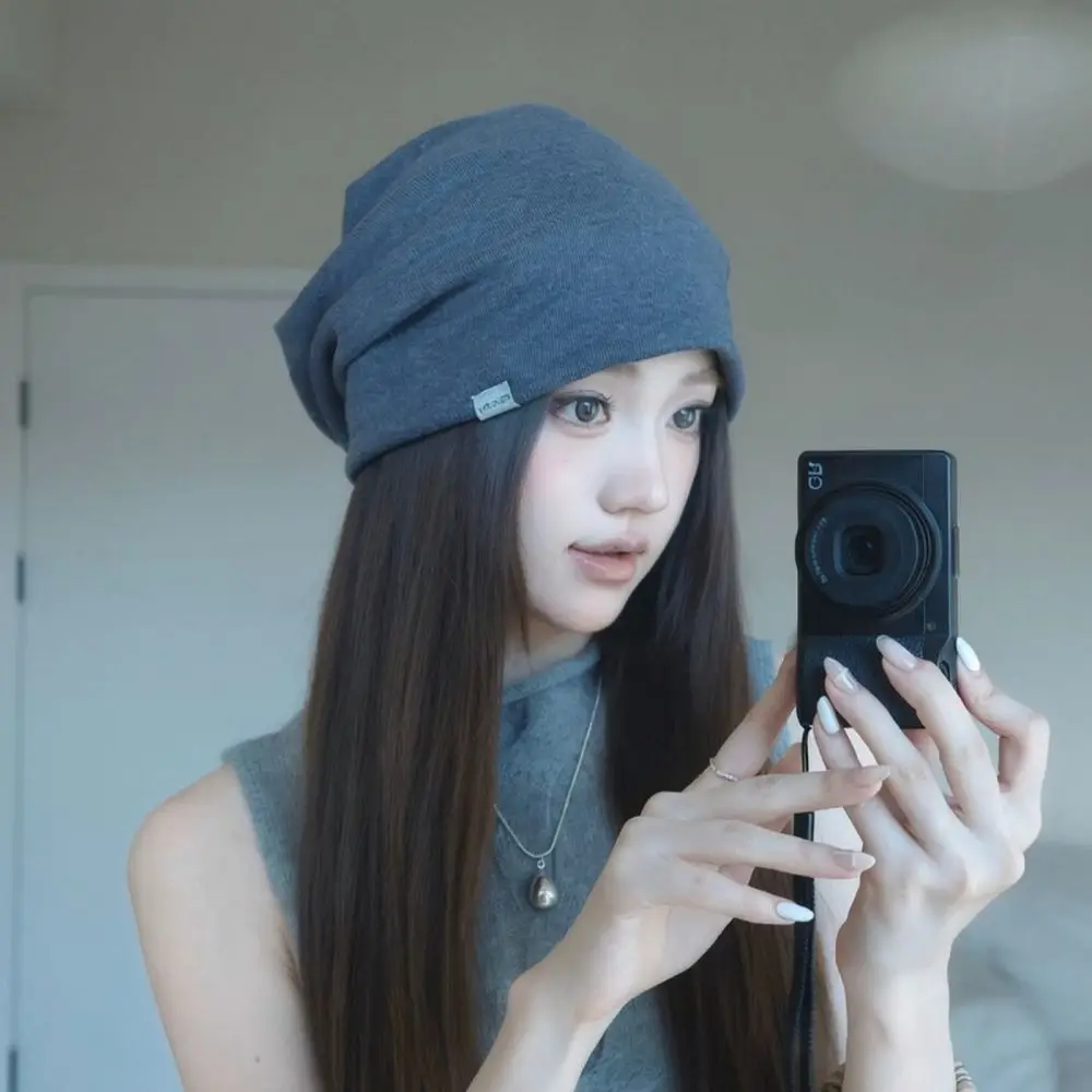 Women Soft Knit Beanie Hat Retro Solid Color Embroidered Patch Cap Korean Fashion Slouchy Bonnet Daily Casual Headgear