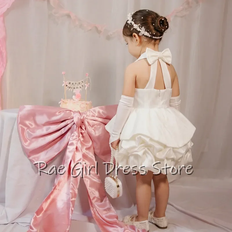 Satin Halter Flower Girl Dress Collar Bow Back Cutout Multi Layer Ruffle Mini Skirt Birthday Party Gowns Customized