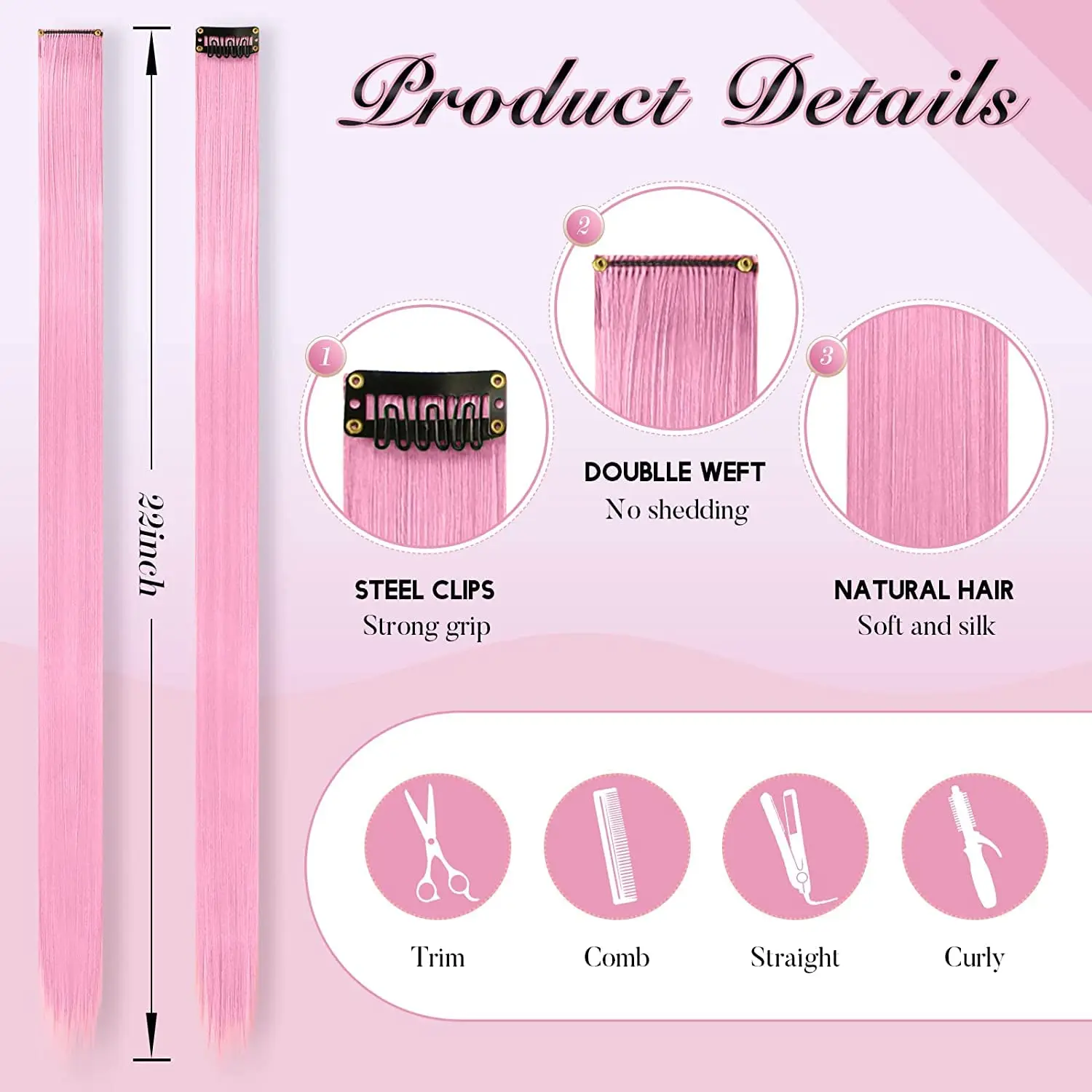 Clip per estensioni dei capelli da 22 pollici, 6/12 pezzi Estensioni dei capelli rosa Estensioni dei capelli colorati Punti salienti del partito Capelli sintetici lunghi