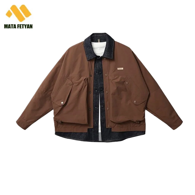 American style Vintage High Street Spring autumn splicing fake two pieces Turn-down Collar jacket new work clothes men jacket