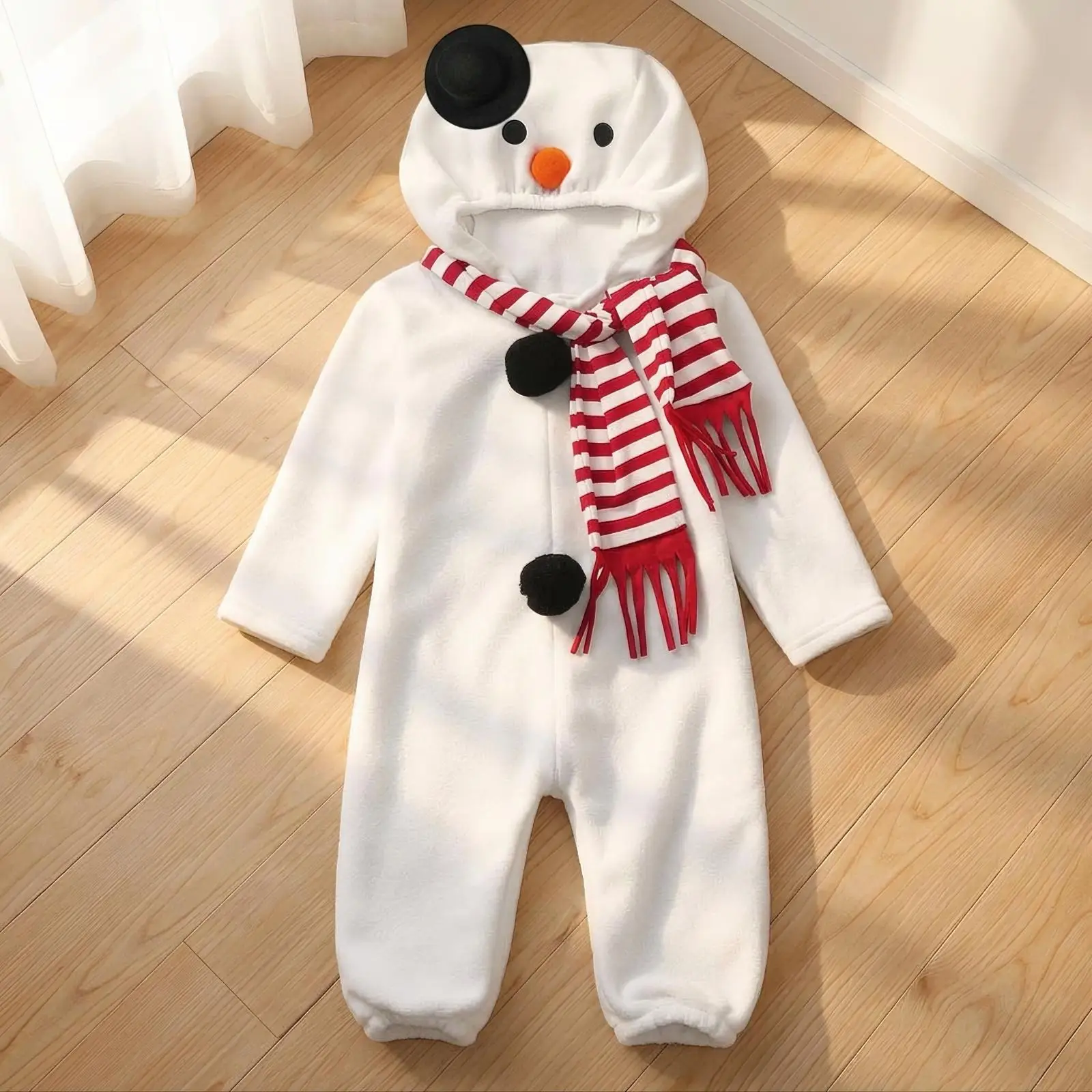 Kids Winter Pajamas Hooded Snowman Jumpsuit Cute Cartoon One Piece Fleece Outfit with Red Scarf for Holiday Gift