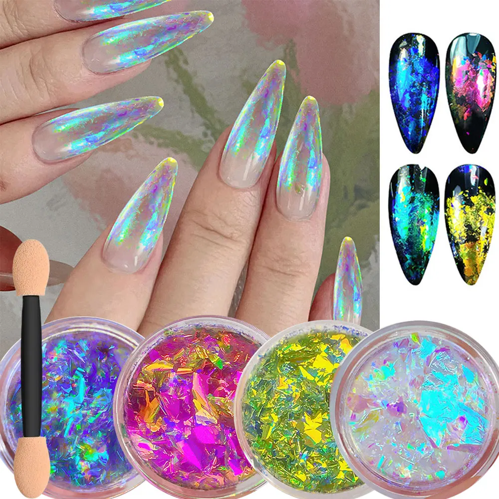 1Jar Green Blue Iridescent Color Shift Brocade Glitter Aurora Chameleon Opal Flakes Nail Powder DIY Nail Art Resin Crafts Decor