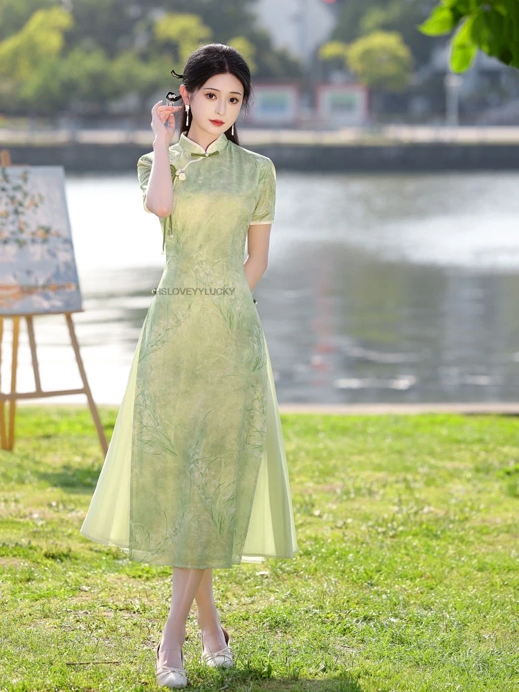 Aodai فيتنام الملابس شيونغسام تشيباو الصينية الفيتنامية خمر أنيقة قصيرة الأكمام تشيباو فستان سيدة الشيفون تشيباو فستان