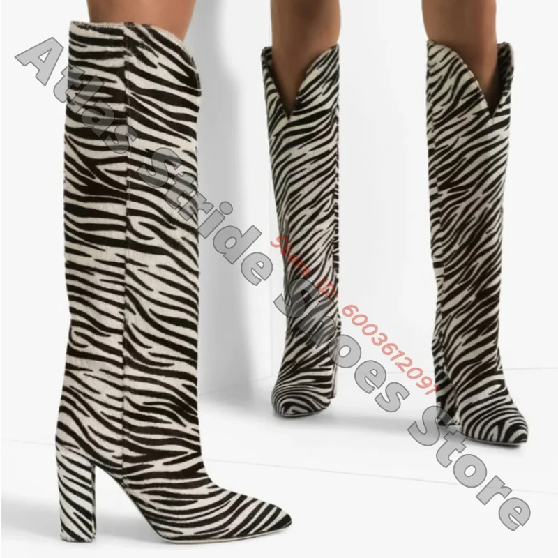 Zebra Print Pointed Toe Knee High Boots Block Heel Cowboy Western Tall Boots Women Fashion Animal Pattern Boots