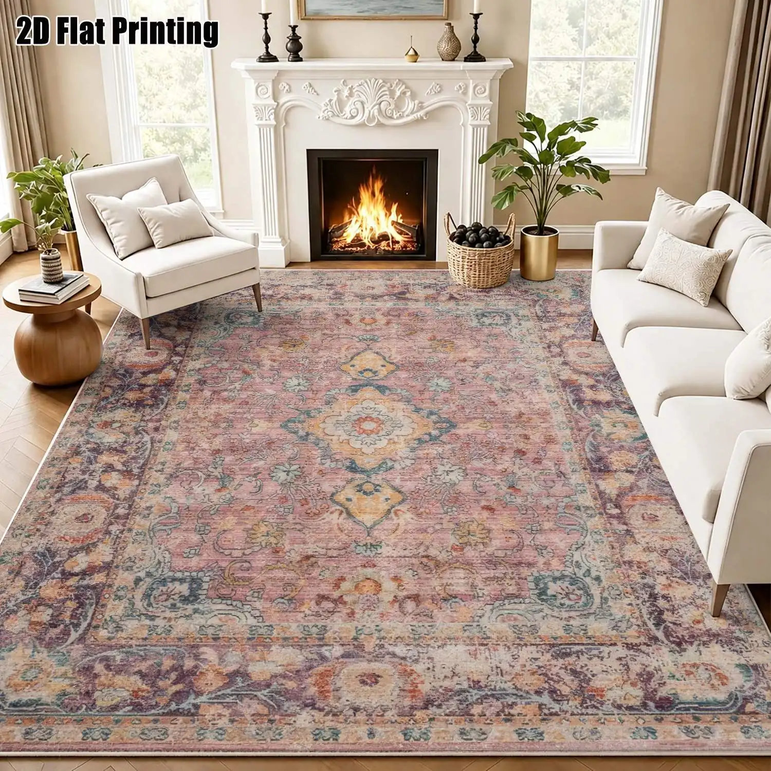 1Pc 2D Printed Retro Pink-Blue Floral Velvet Carpet, European Vintage Boho Home Decor Rug, Multi-Size Machine Washable, Multi-Use for Entrance/Dining/Bedroom/Living Room